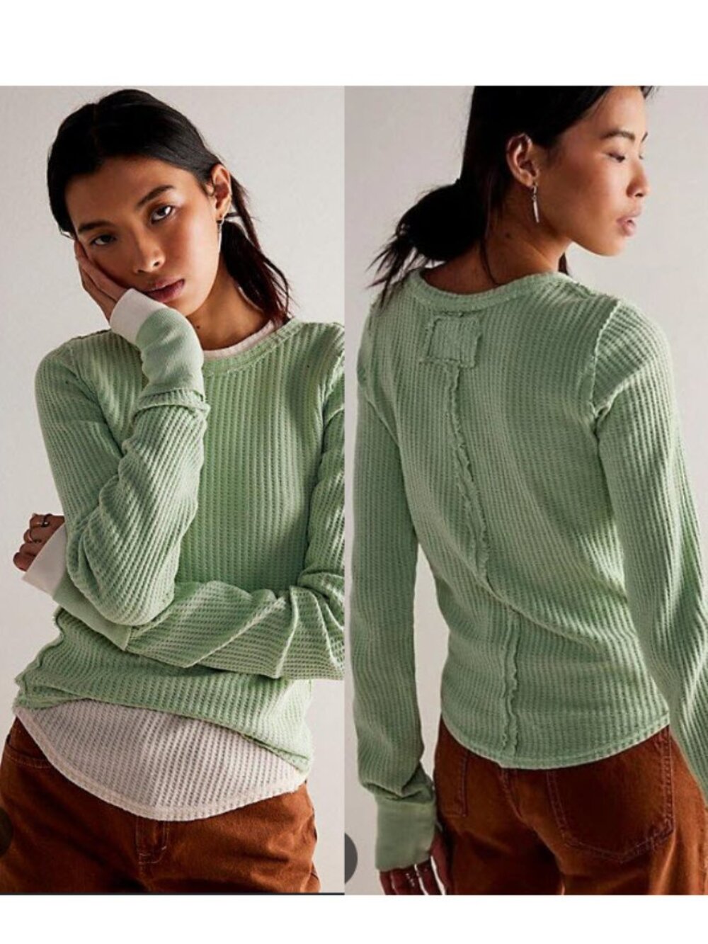 We The Free Green Thermal Thumb Hole Waffle Top Small - Picture 2 of 13
